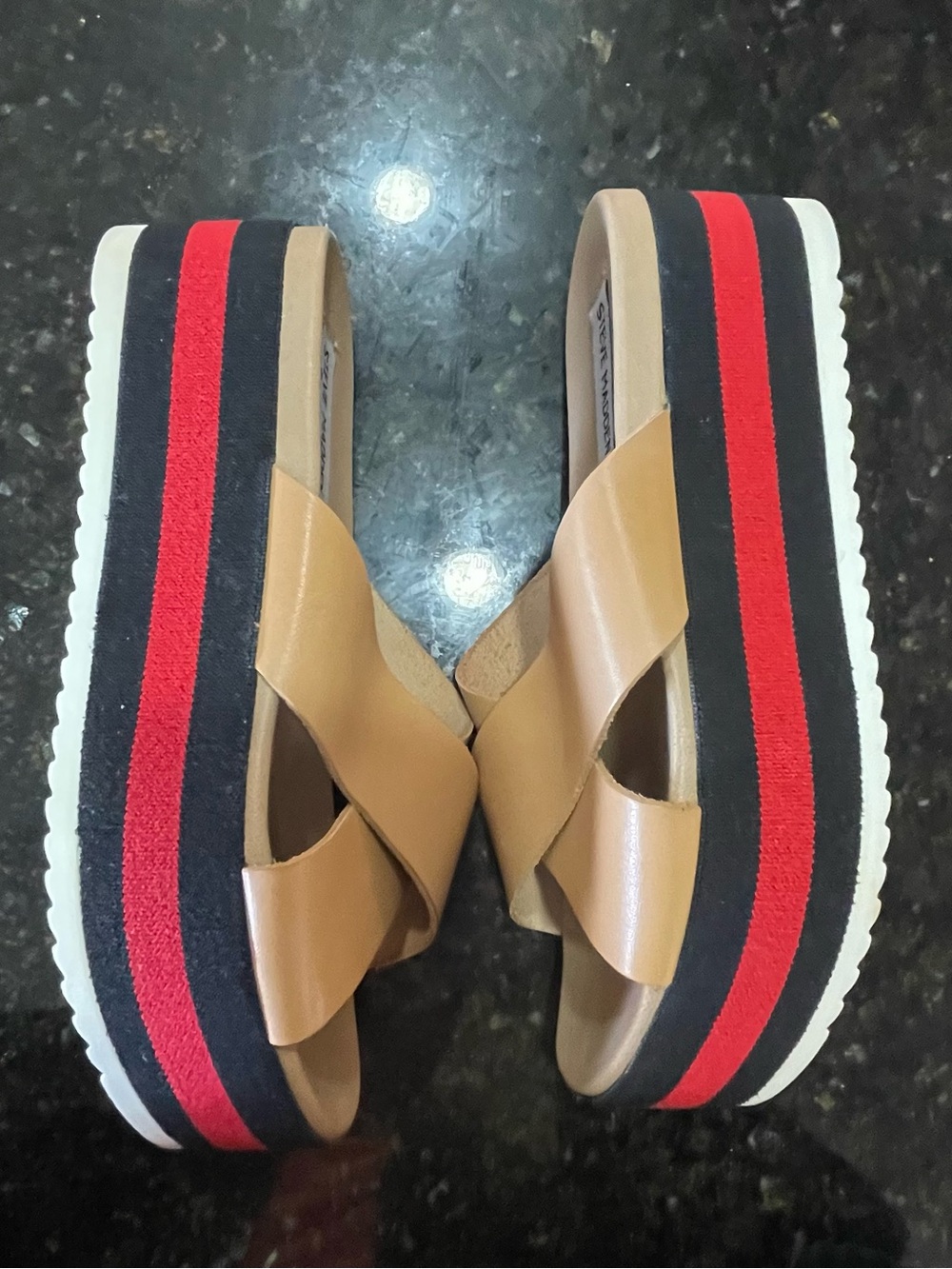 Steve Madden Tan Crisscross Platform Sandals with Red & Navy Blue Stripes